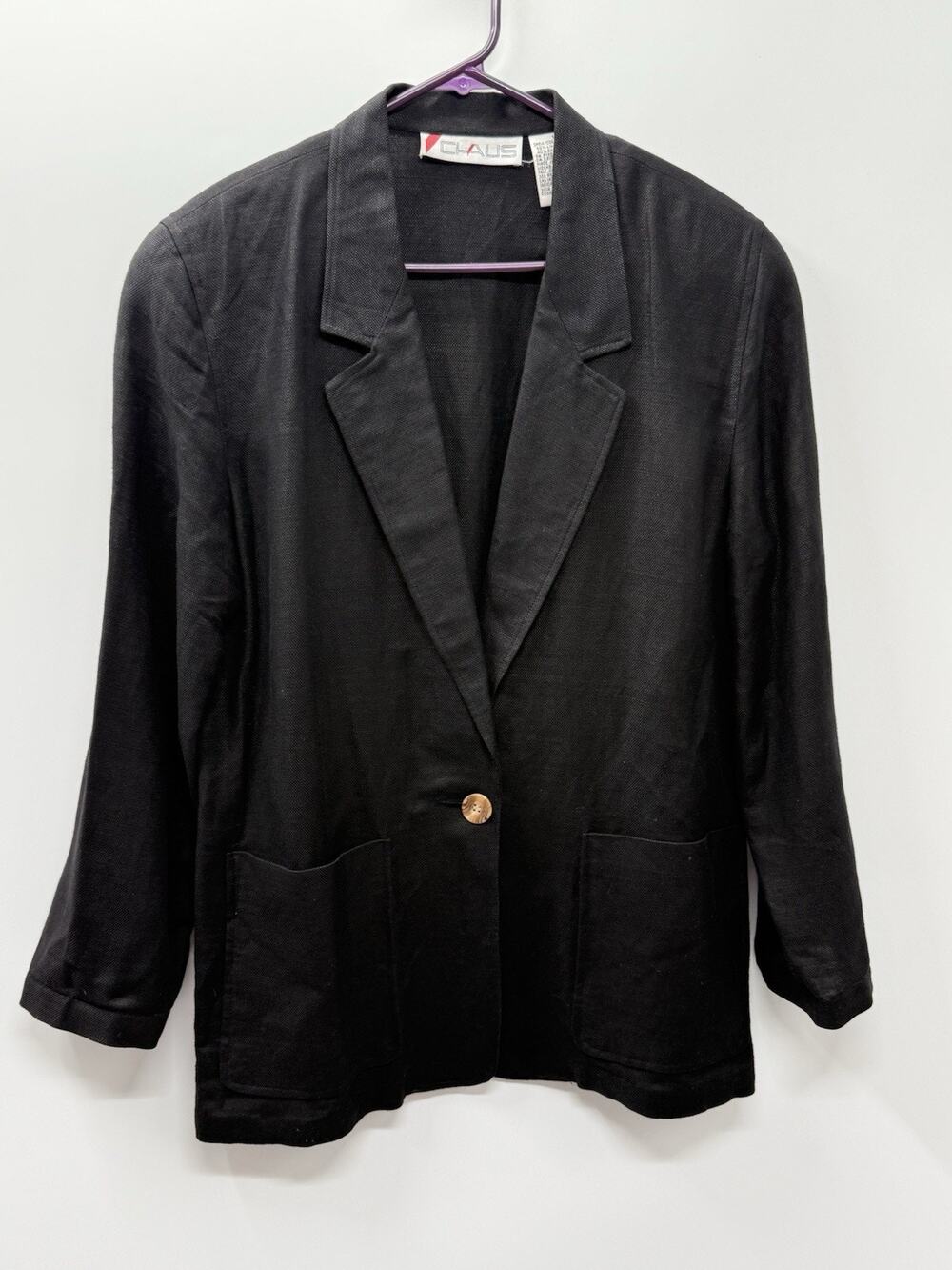 CHAUS Black Linen Blend Blazer Jacket Women’s Size 12 One Button Career